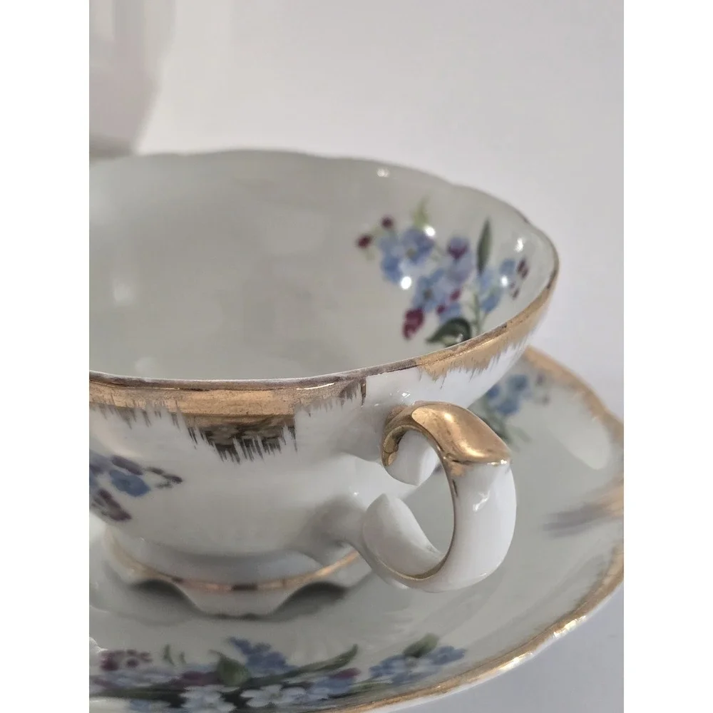 Vintage Japan Nippon Yoko Boeki Co. Porcelain Floral Teacup and Saucer Set Blue